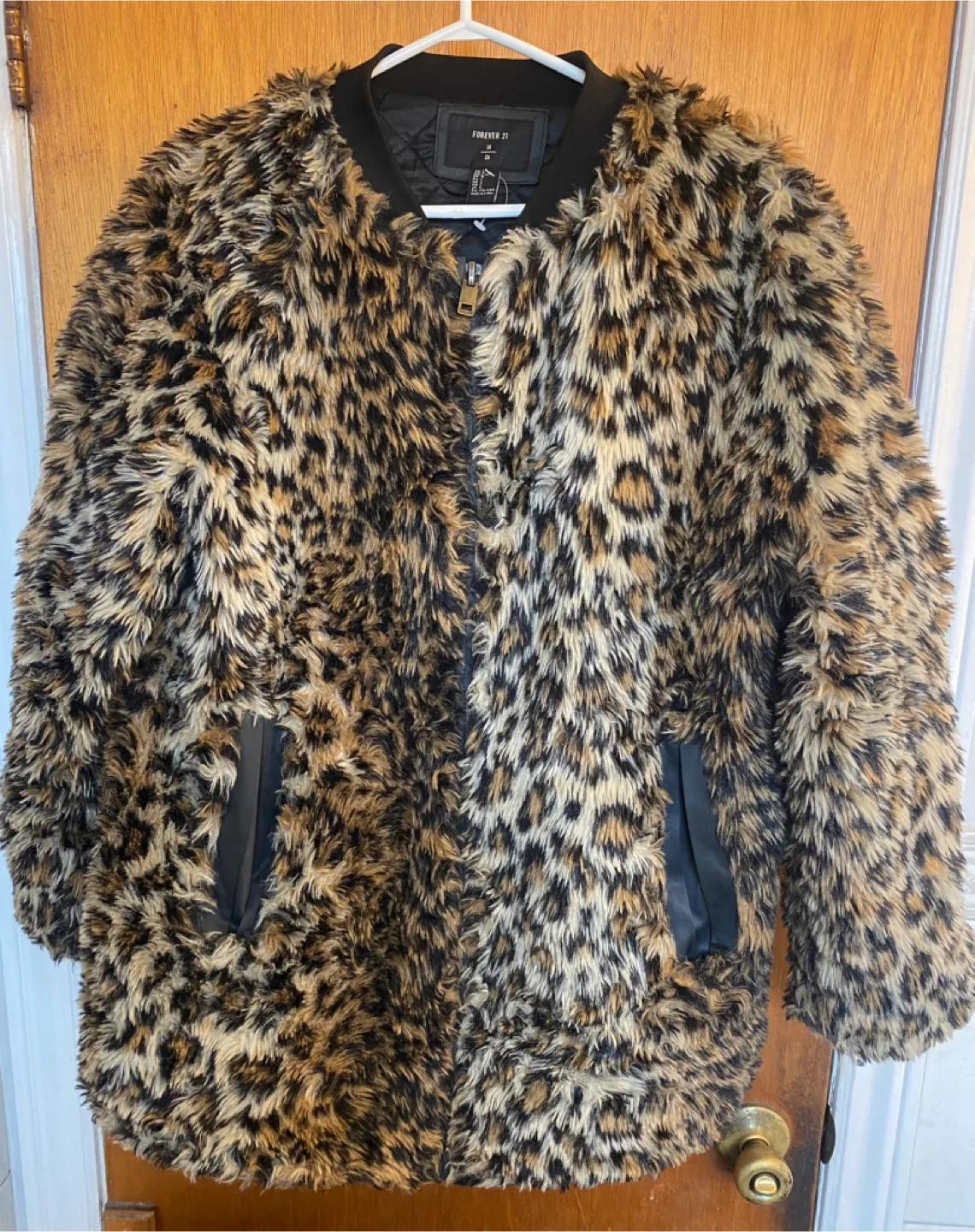 Forever 21 Leopard Print Faux Fur Coat - Size L thumbnail