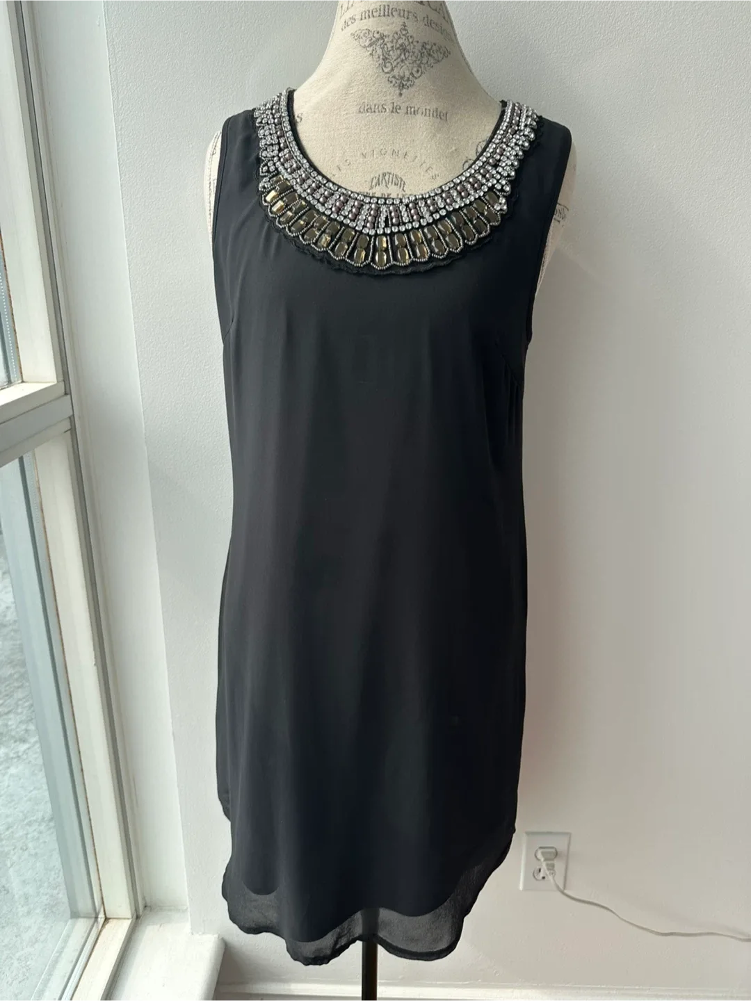 Black Sleeveless Dress with Embellished Neckline thumbnail