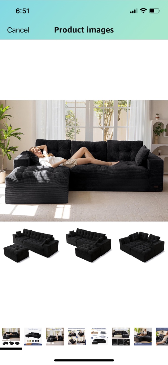 Black Corduroy Sectional Sofa - photo 2