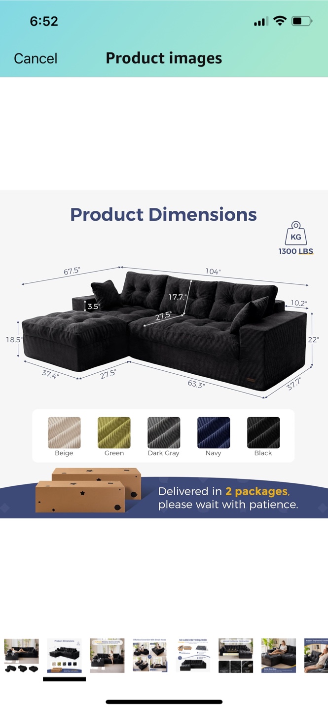Black Corduroy Sectional Sofa - photo 3
