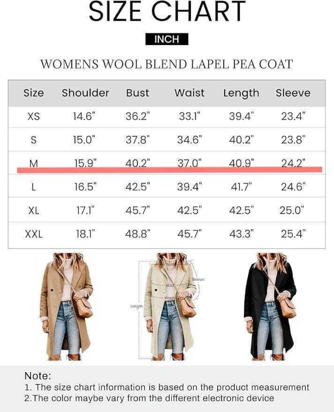 Wool Blend Lapel Pea Coat - Black, Size M - photo 2