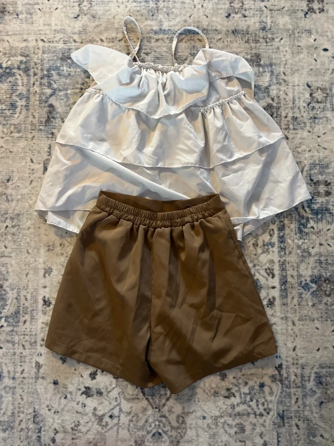 White Ruffle Top & Brown Shorts Set image indicator(2)