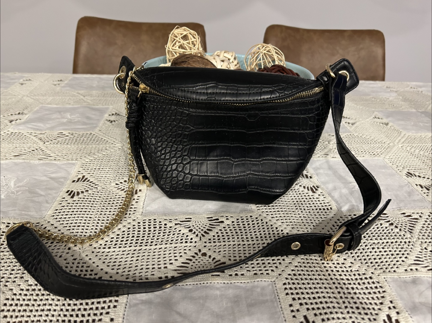 Black Crocodile Pattern Belt Bag