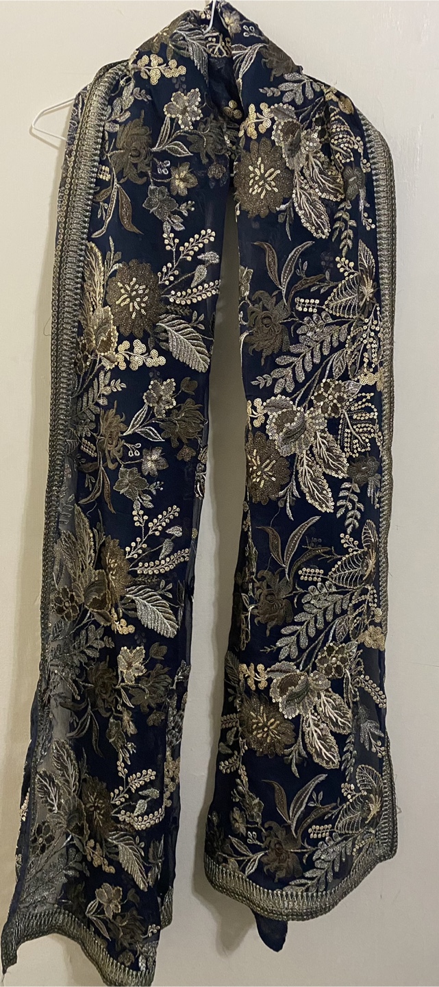 Floral Embroidered Dupatta Scarf - Navy & Gold - photo 2