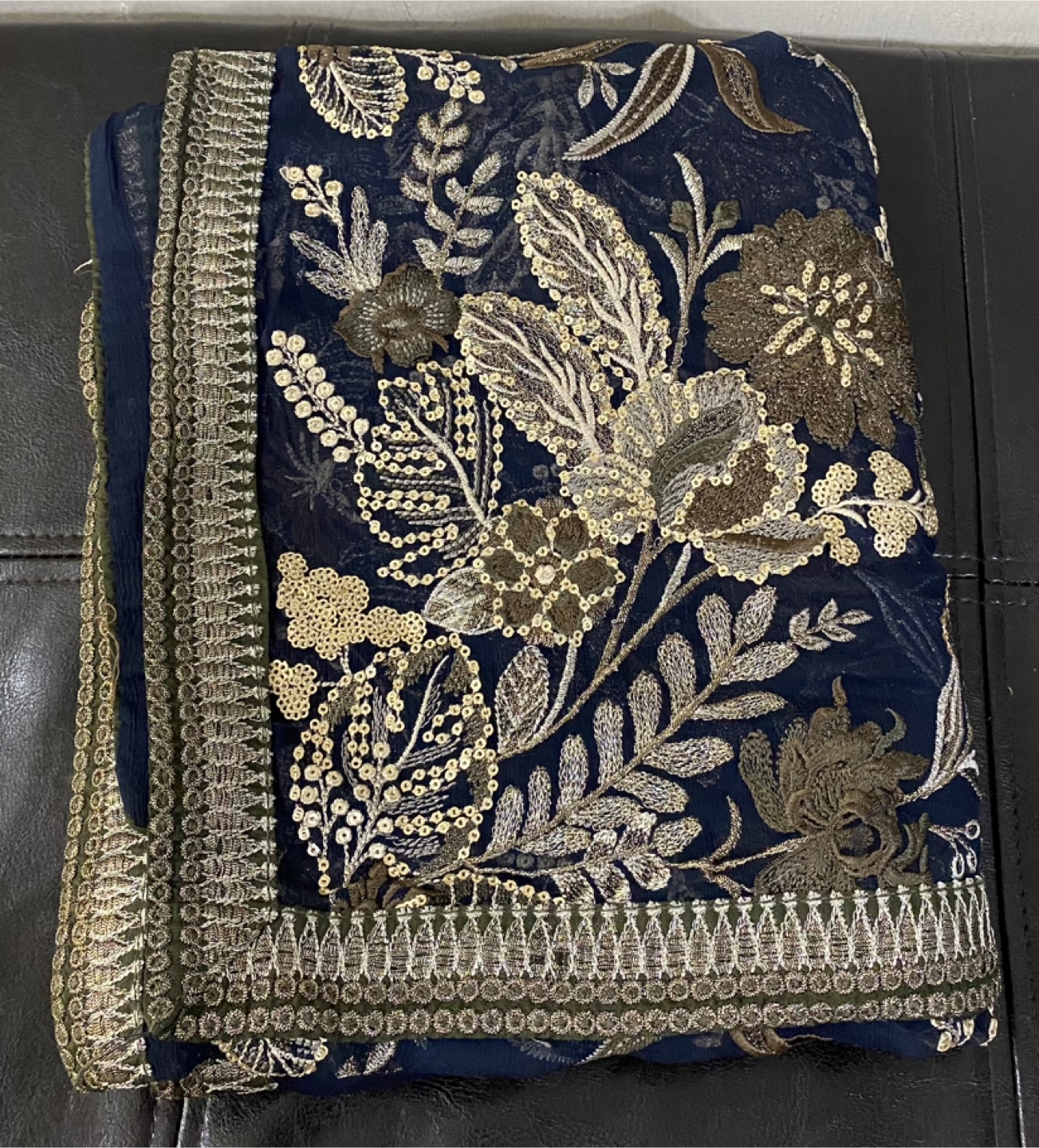 Floral Embroidered Dupatta Scarf - Navy & Gold - photo 3