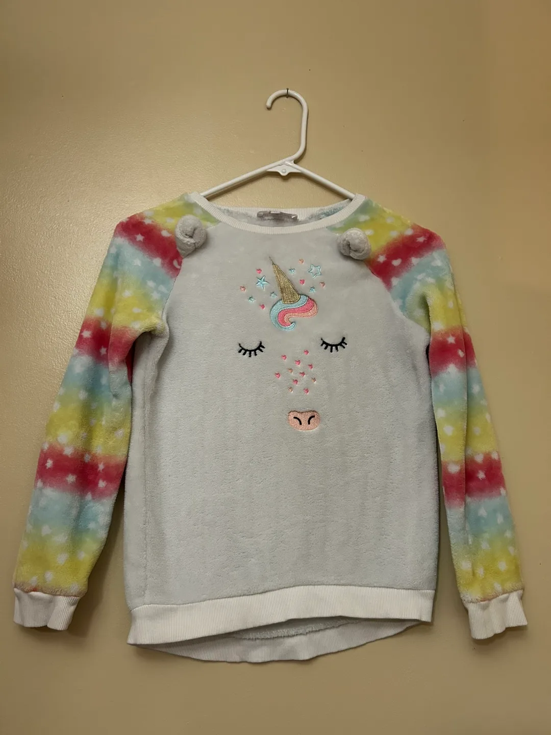 Bella & Birdie super soft white sweater with unicorn face thumbnail
