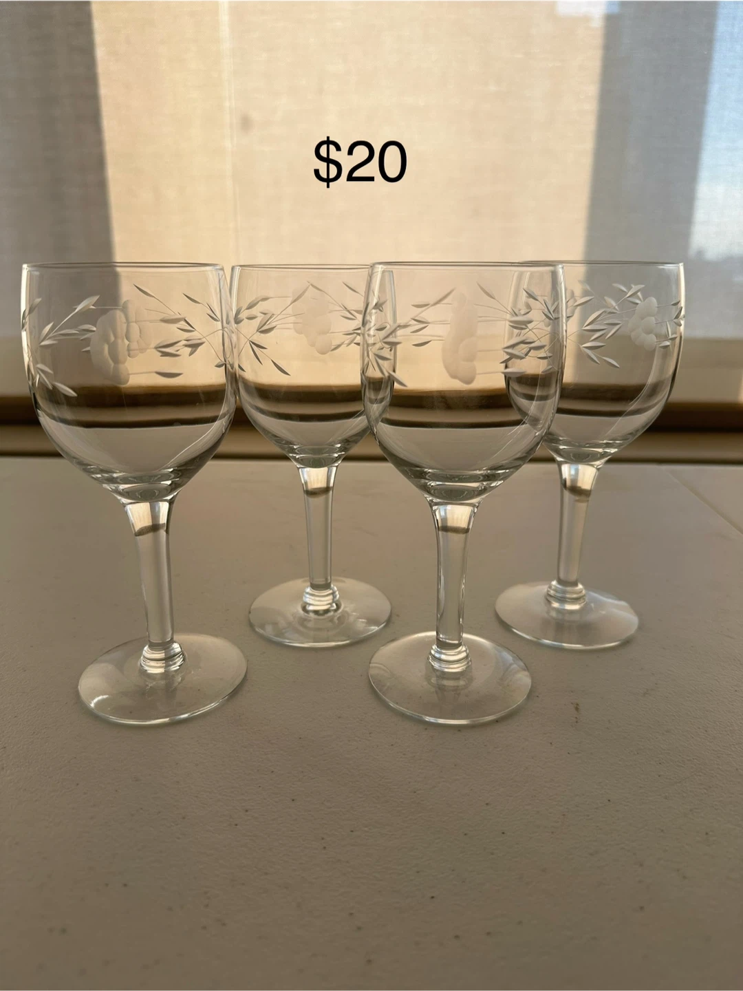 Set of 4 Etched Floral Wine Glasses