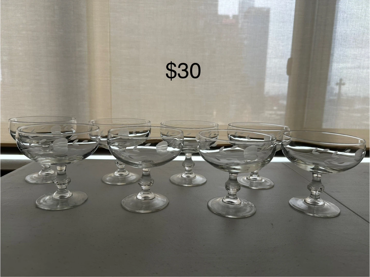 Set of 8 Vintage Etched Glass Dessert Coupe Glasses