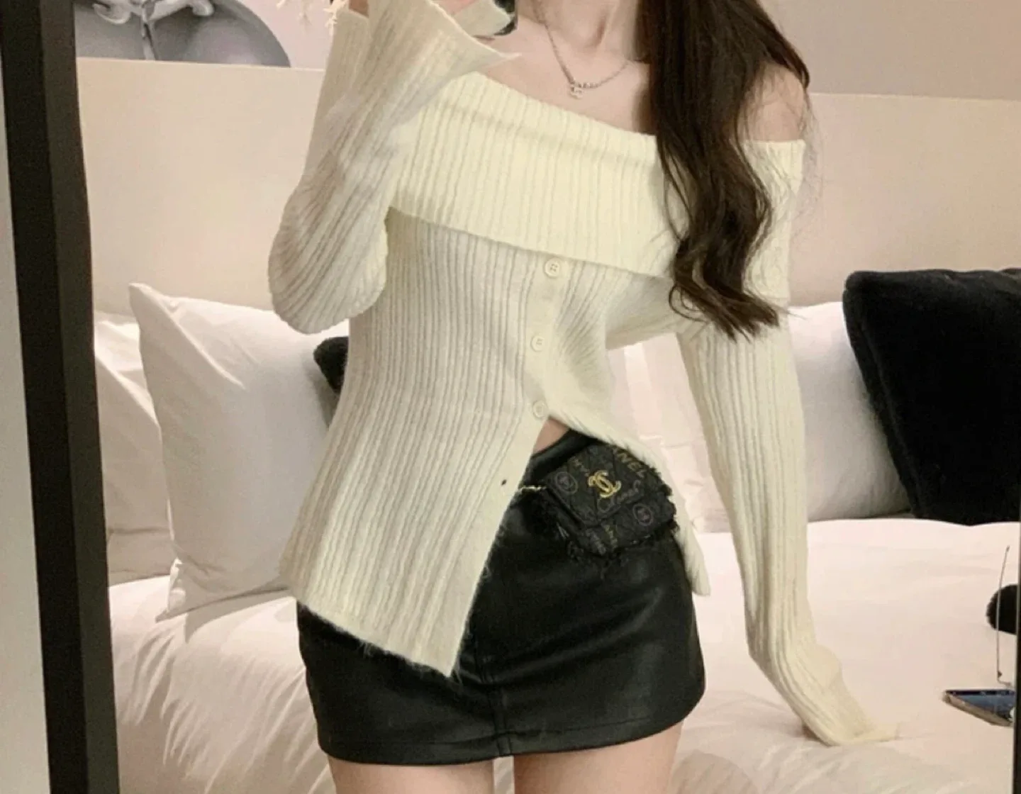 Off-Shoulder Button-Up Knit Top - Cream thumbnail