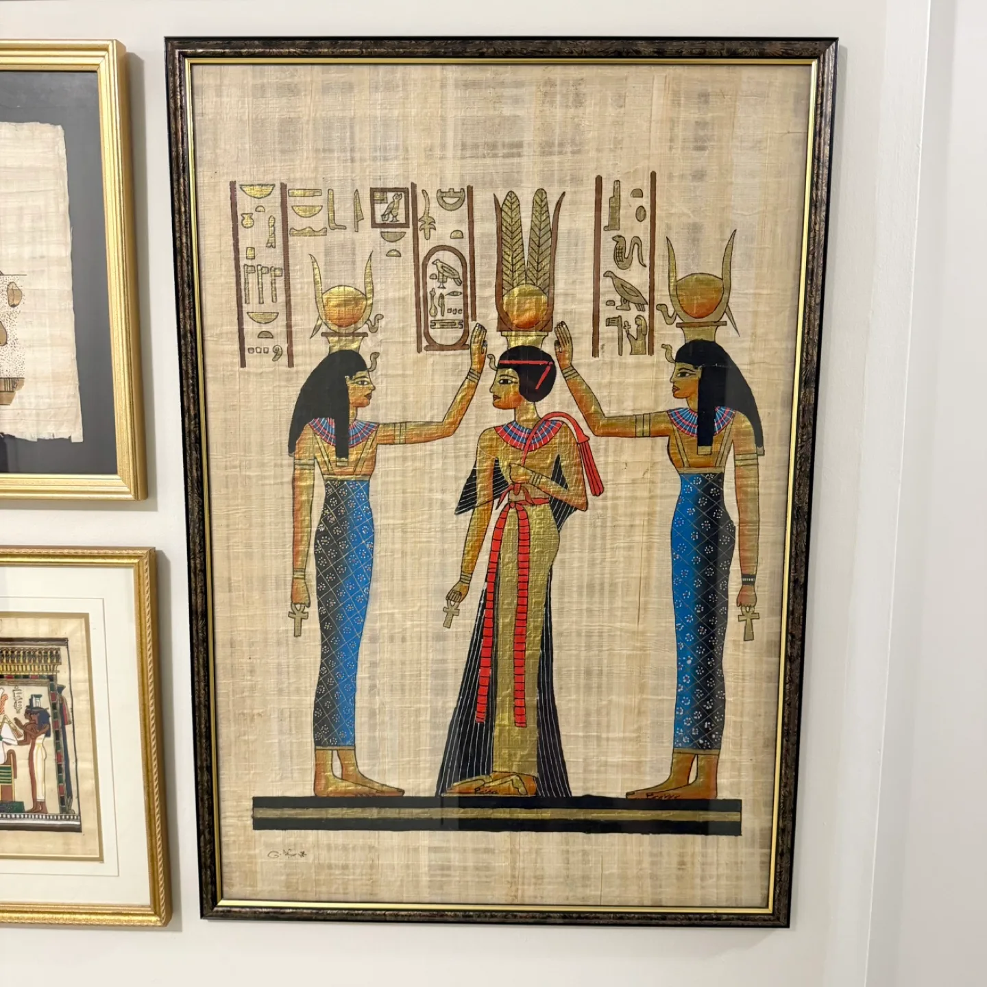 Very large framed vintage Egyptian papyrus art thumbnail