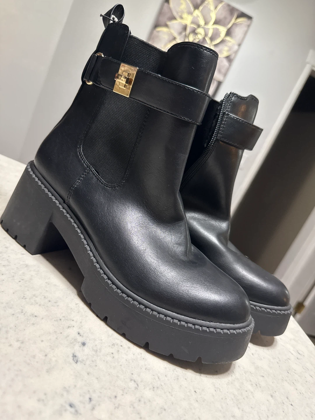 Black Platform Ankle Boots, Size 10