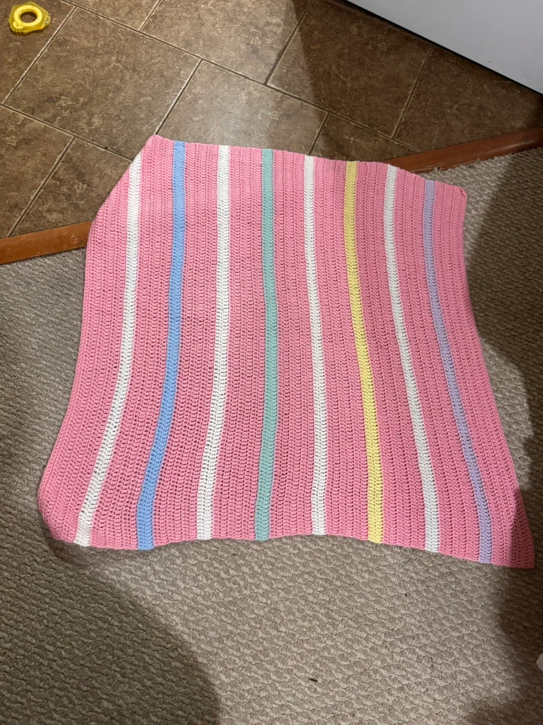 Handmade Crocheted Baby Blanket - Pink with Pastel Stripes thumbnail