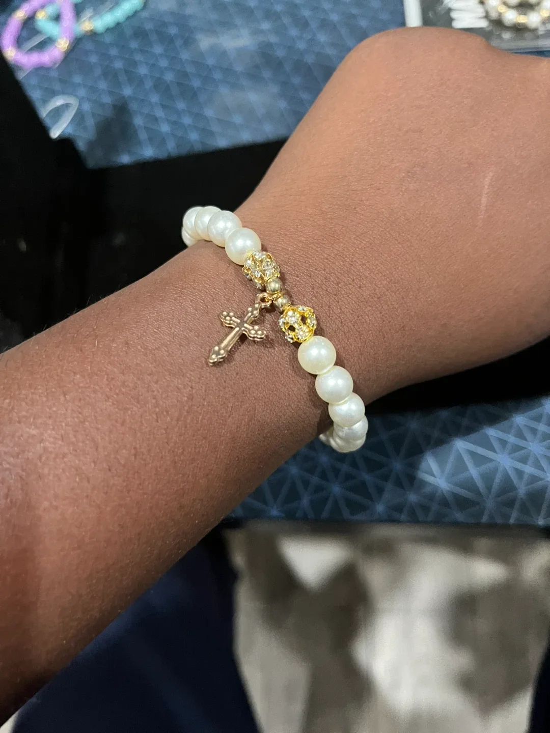 Pearl and Gold Cross Bracelet thumbnail