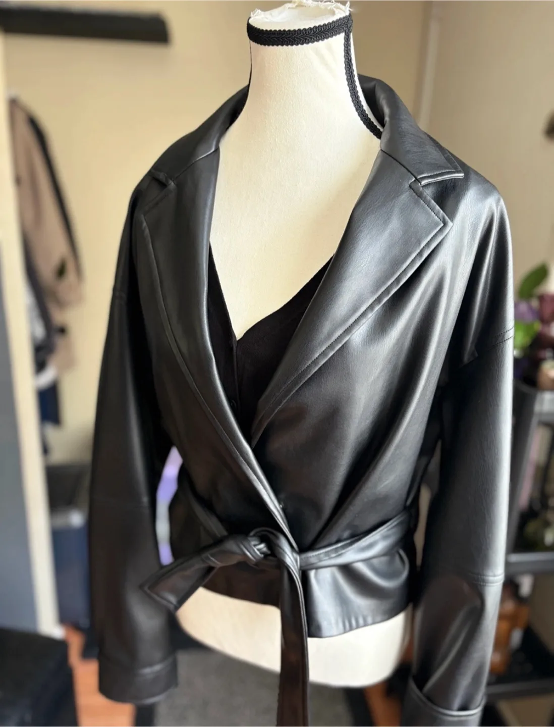 Black Faux Leather Tie Waist Jacket thumbnail