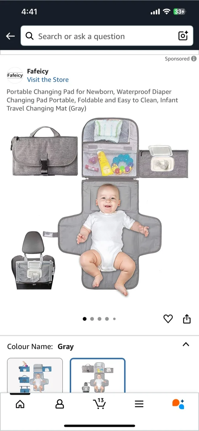 Fafeicy Portable Diaper Changing Pad - Gray thumbnail