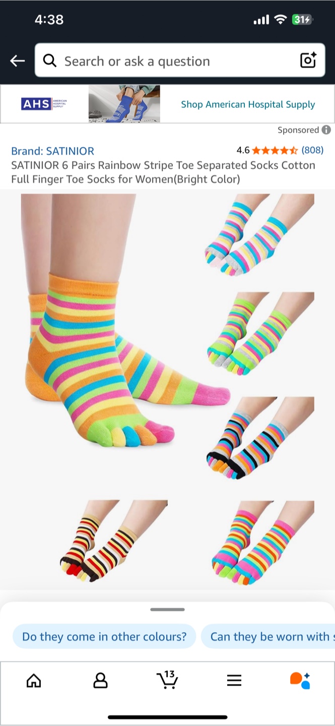 SATINIOR Rainbow Stripe Toe Separated Socks - Bright Colour