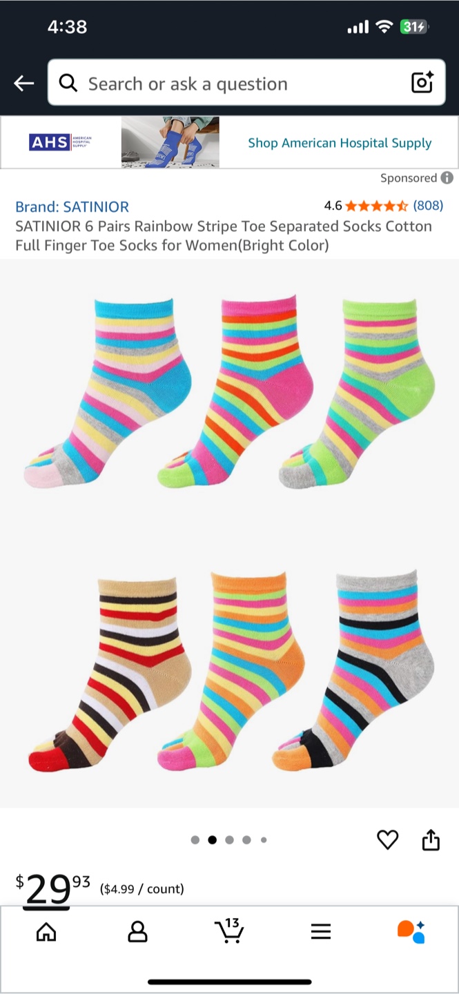 SATINIOR Rainbow Stripe Toe Separated Socks - Bright Colour - photo 2