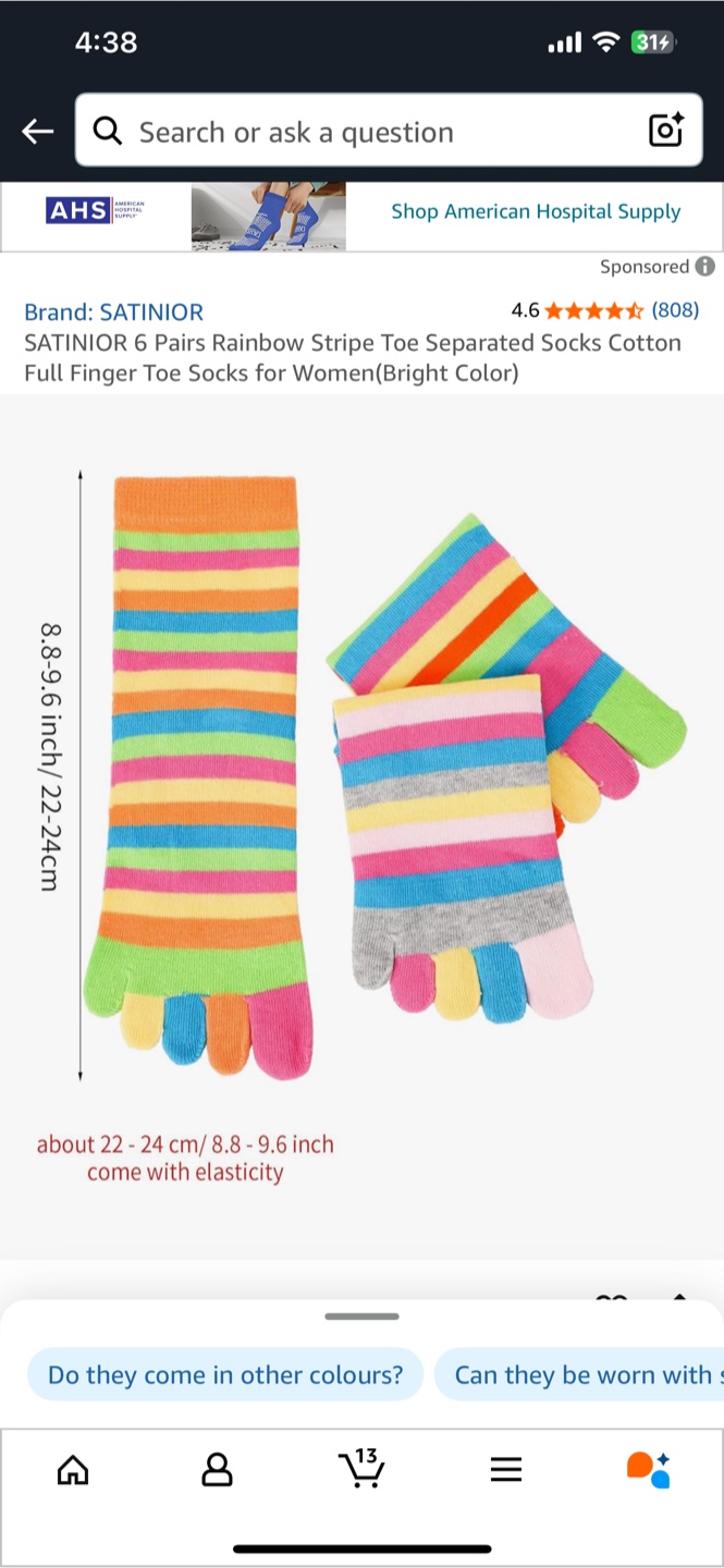 SATINIOR Rainbow Stripe Toe Separated Socks - Bright Colour - photo 3