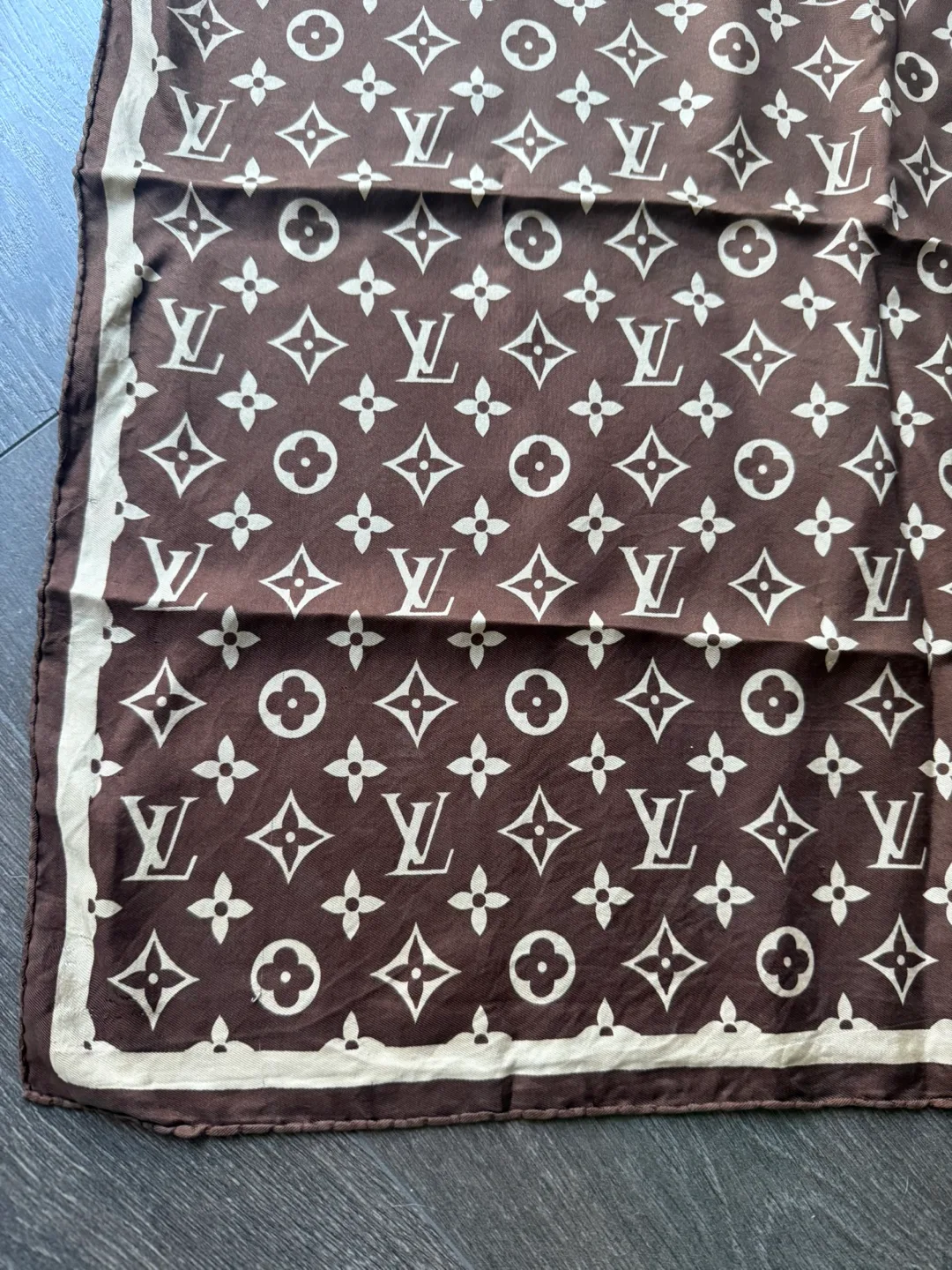 LOUIS VUITTON Vintage Monogram Cream Dark Brown Scarf 55cm image indicator(3)