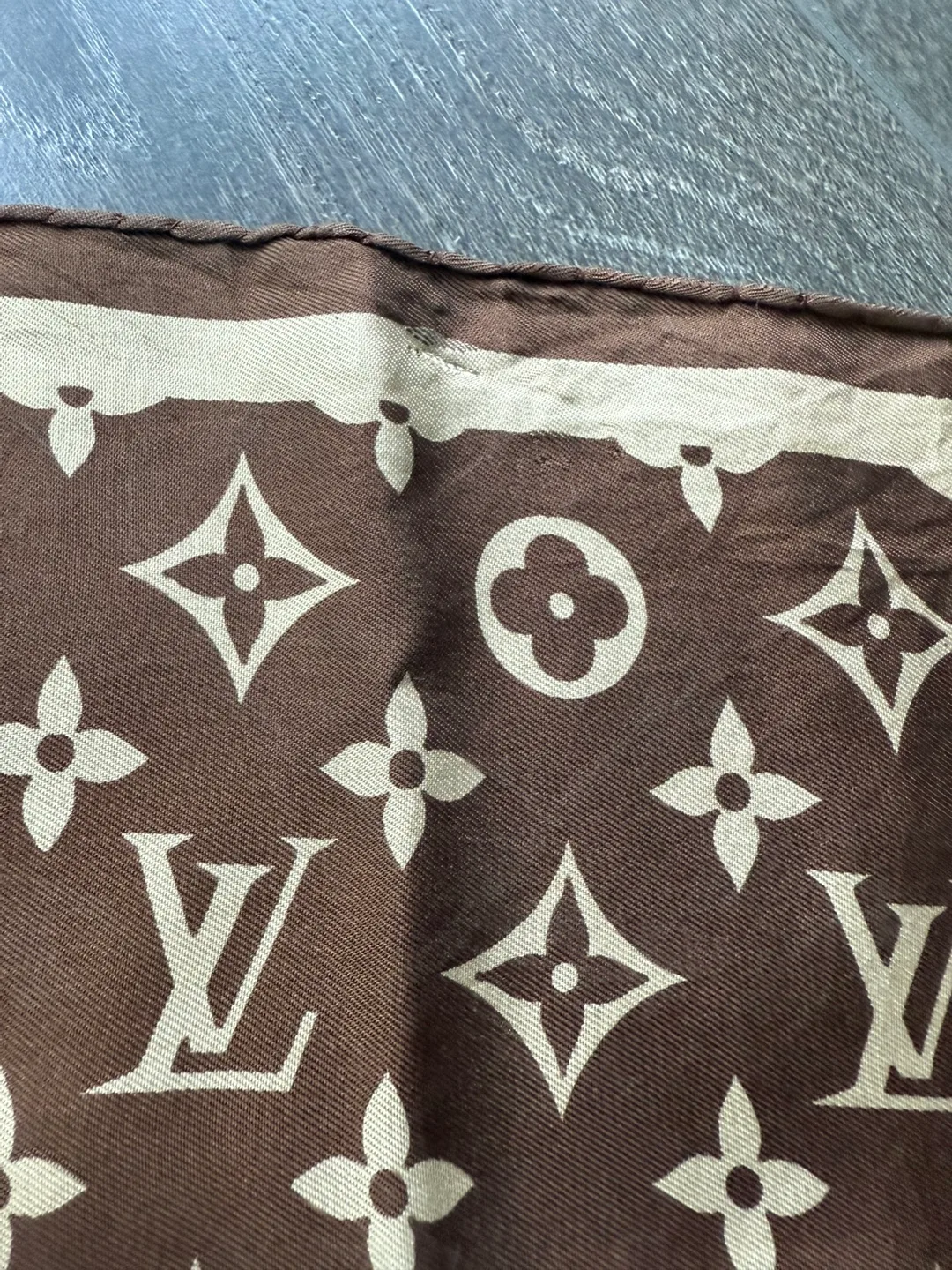 LOUIS VUITTON Vintage Monogram Cream Dark Brown Scarf 55cm image indicator(7)