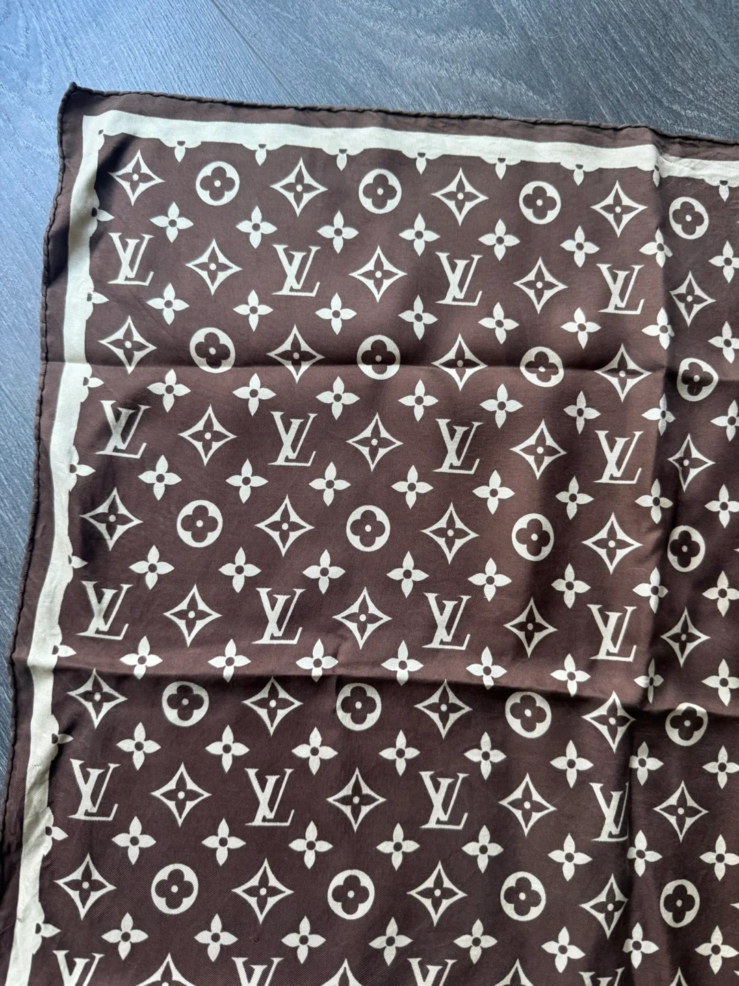 LOUIS VUITTON Vintage Monogram Cream Dark Brown Scarf 55cm image indicator(4)