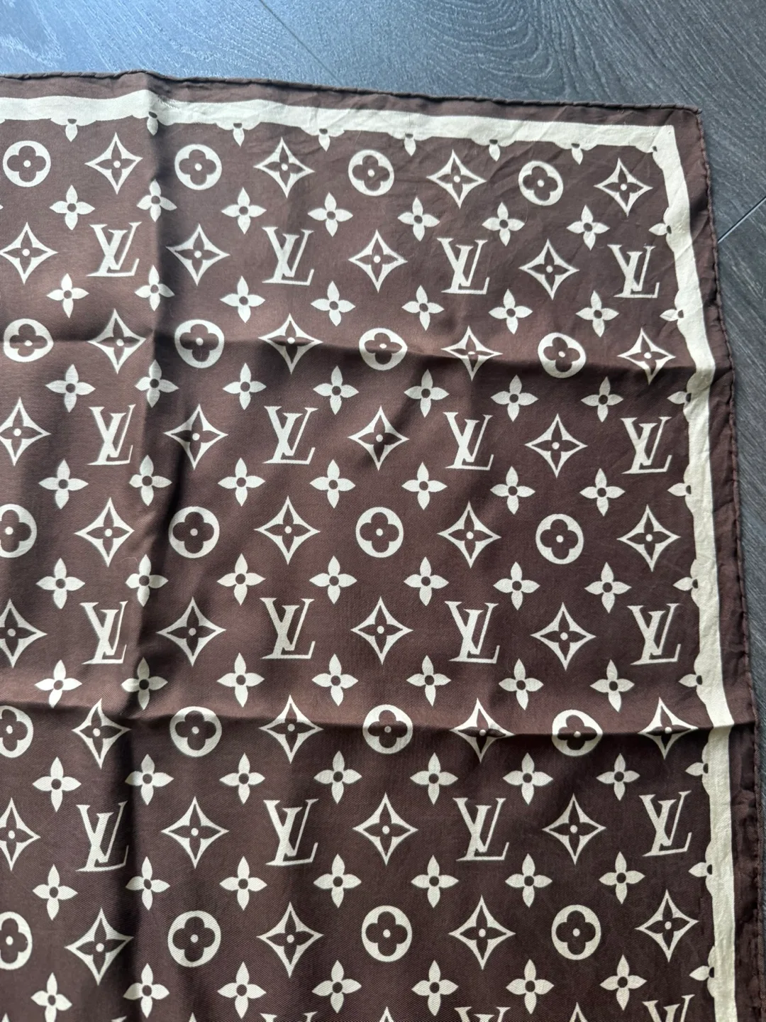 LOUIS VUITTON Vintage Monogram Cream Dark Brown Scarf 55cm image indicator(5)