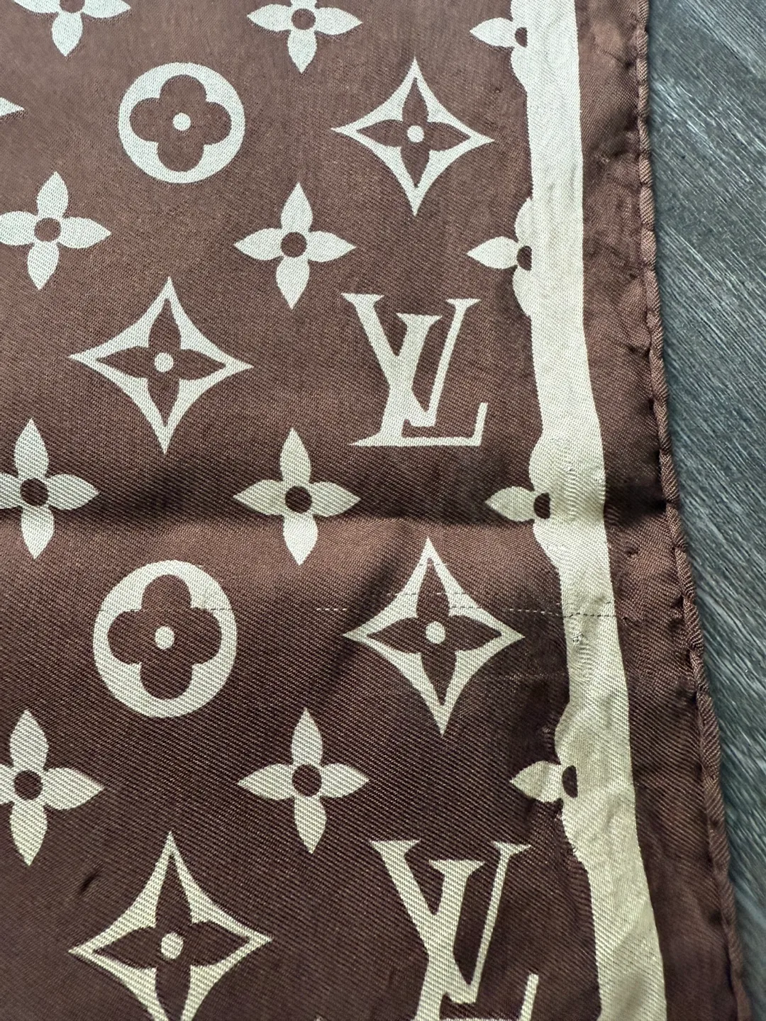 LOUIS VUITTON Vintage Monogram Cream Dark Brown Scarf 55cm image indicator(6)