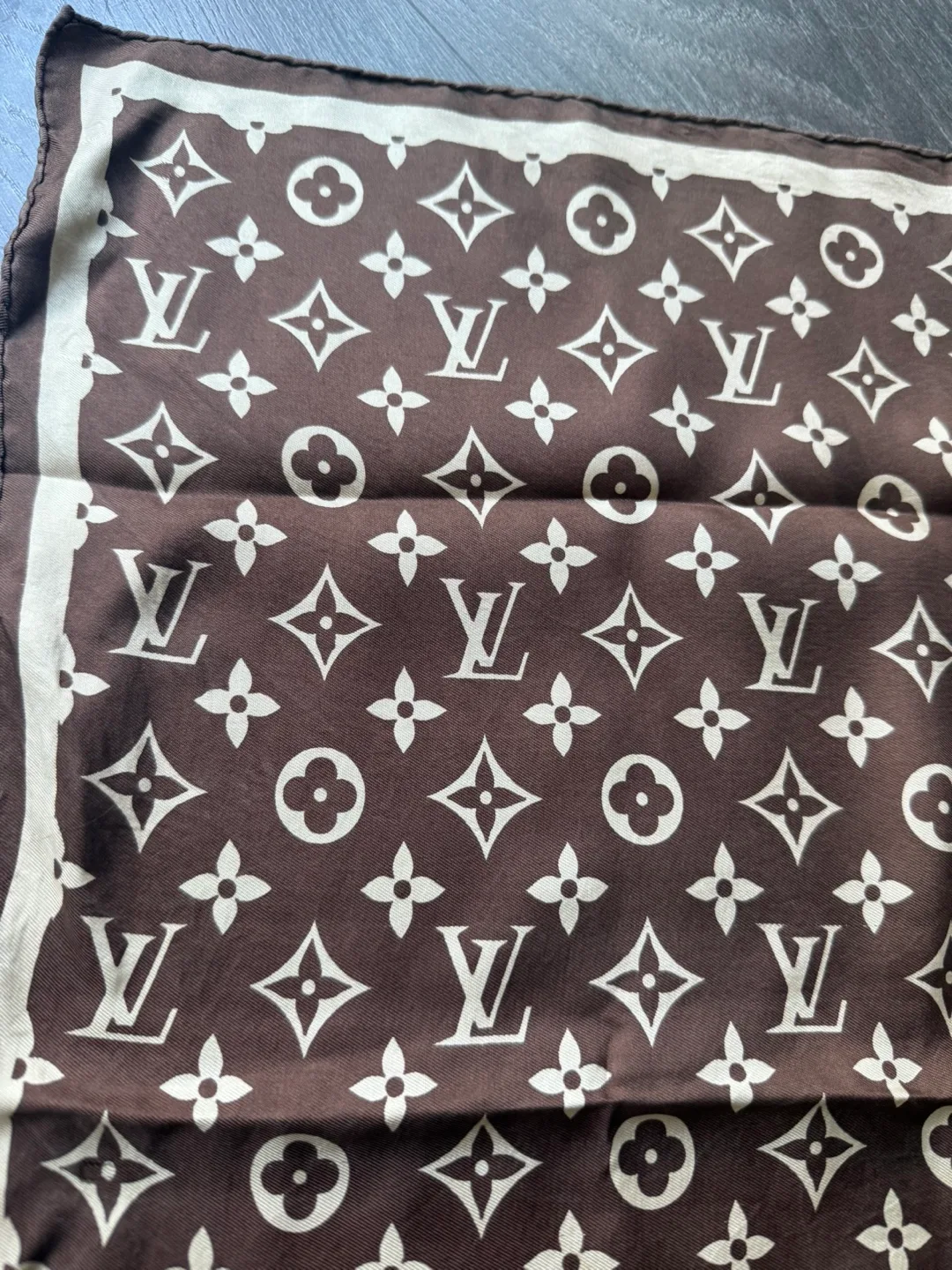 LOUIS VUITTON Vintage Monogram Cream Dark Brown Scarf 55cm image indicator(8)