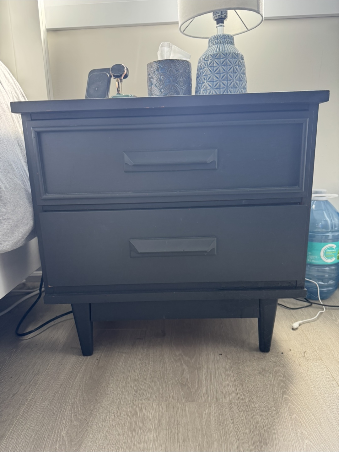 Dark Grey Refinished Wood Two-Drawer Nightstand