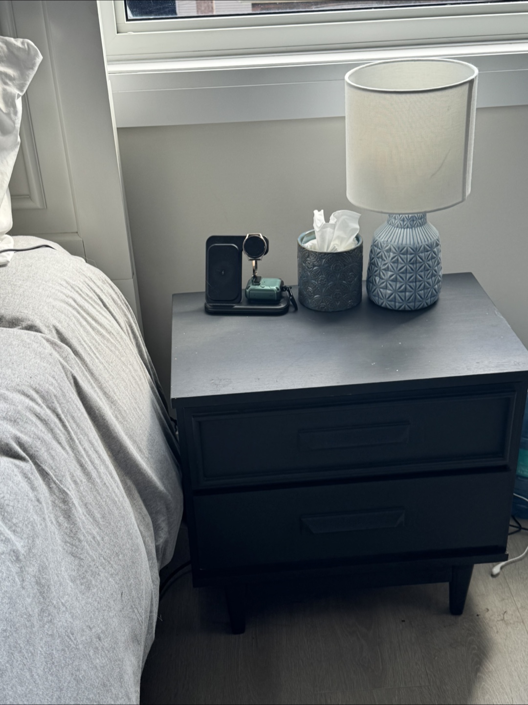 Dark Grey Refinished Wood Two-Drawer Nightstand - photo 2