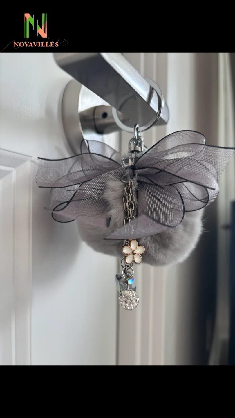Cute Fur Pom Pom Keychain - Purple/Grey image indicator(3)