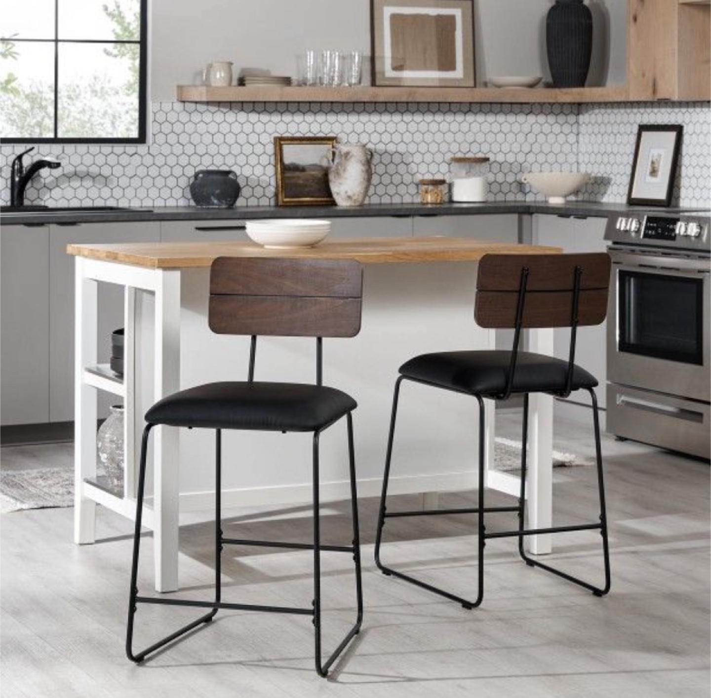 New Set of 2 Sleek Industrial Minimalist Counter Height Stools