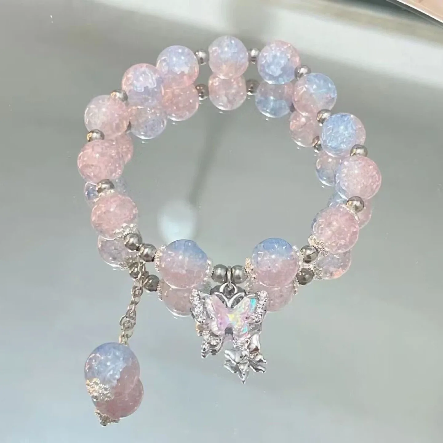 Beaded Bracelet with Butterfly Charm - Blue & Pink image indicator(2)