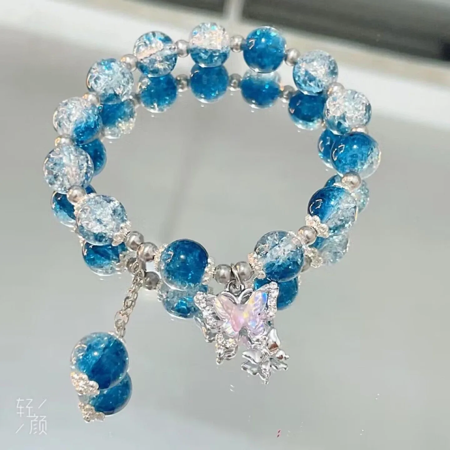 Beaded Bracelet with Butterfly Charm - Blue & Pink image indicator(3)