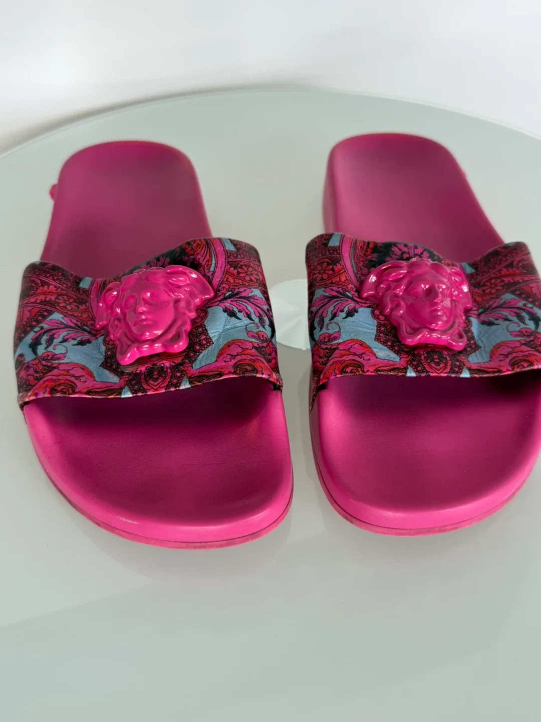 Versace Pink Baroque Leather Medusa Slides Women thumbnail