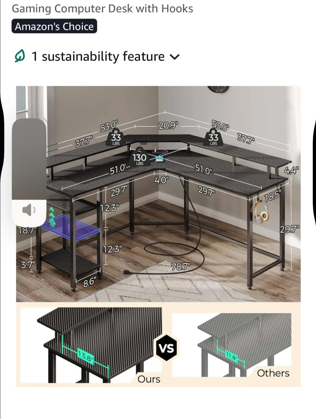 Black L-shaped Gaming Desk with Shelves - photo 4