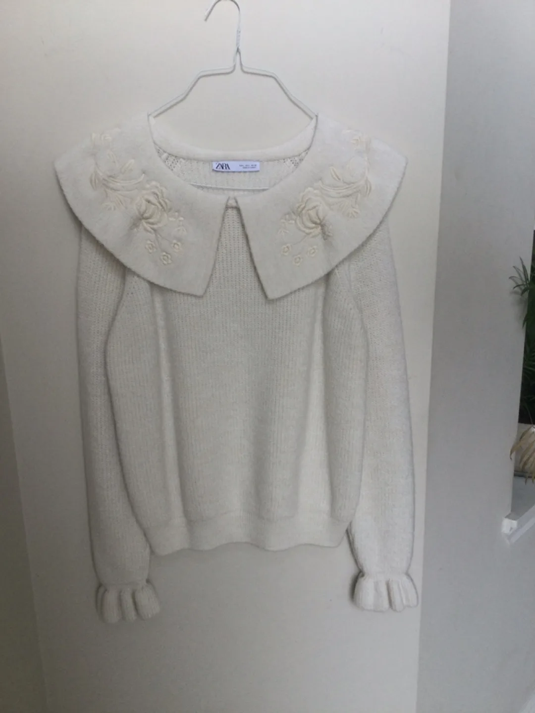 Ladies Zara White Knit Sweater with Embroidered Collar thumbnail