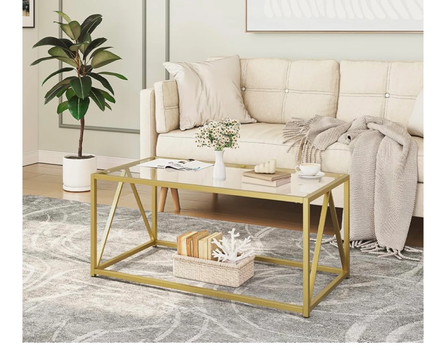 HOOBRO Glass Coffee Table, Golden GD04KF01 - New!