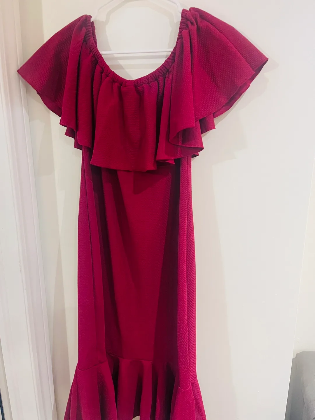 Burgundy Off-the-Shoulder Ruffle Dress image indicator(2)