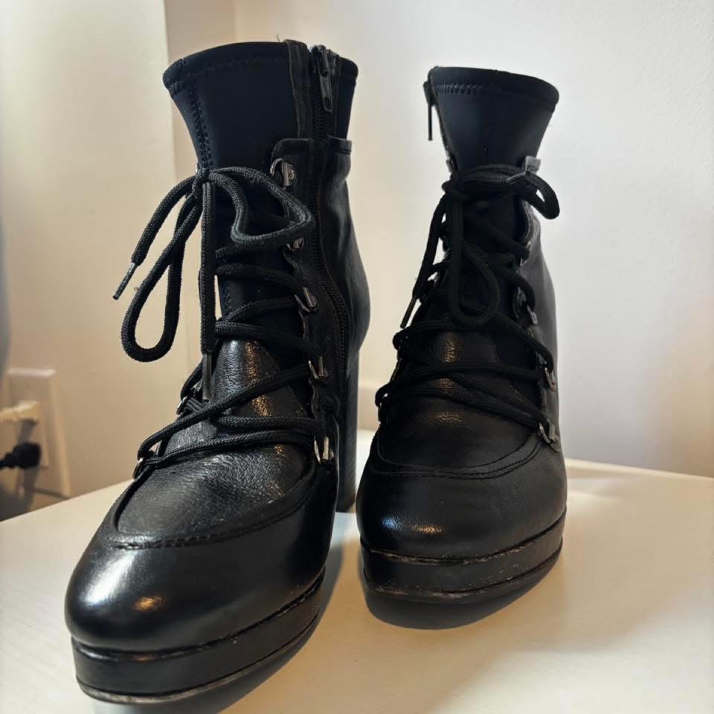 Black Leather Heeled Boots, Size 38