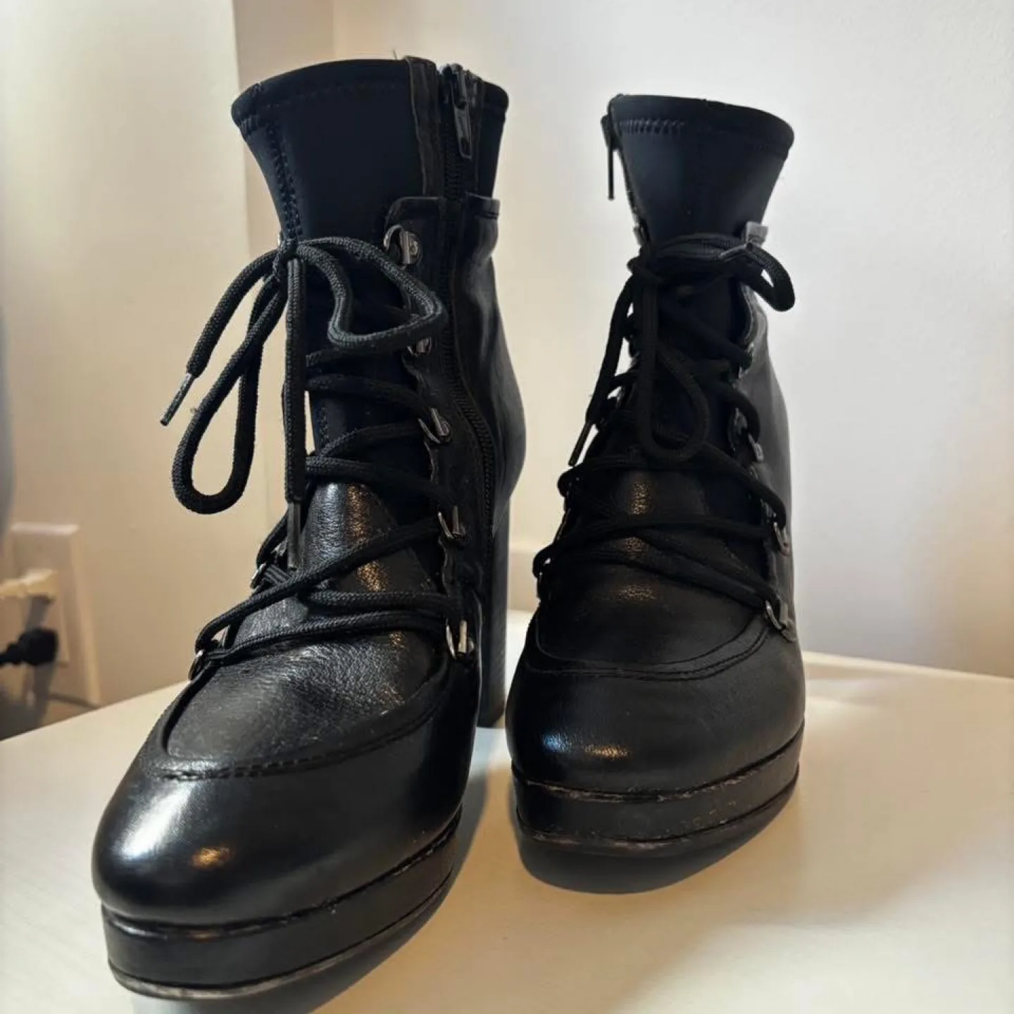 Black Leather Heeled Boots, Size 38 thumbnail