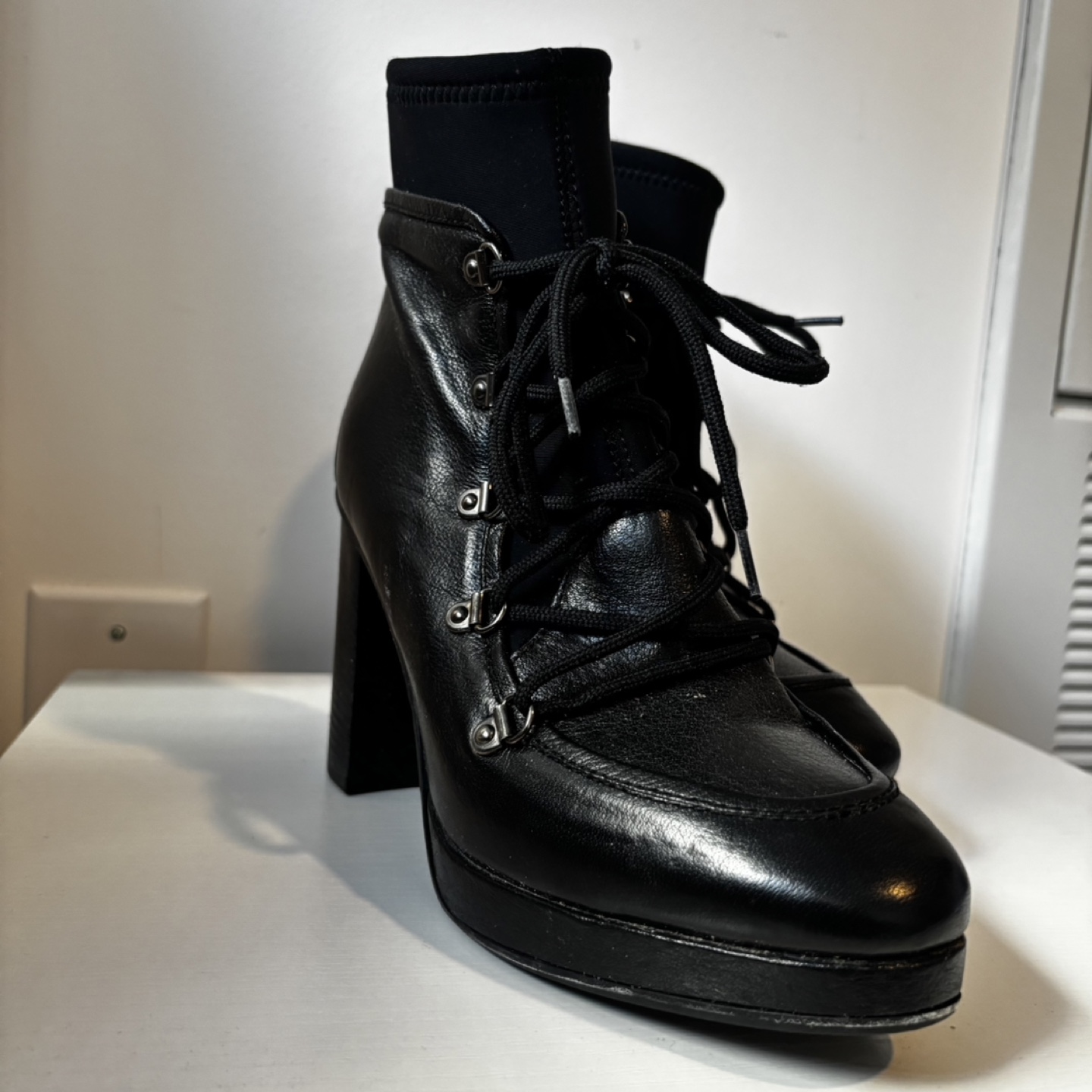 Black Leather Heeled Boots, Size 38 - photo 2
