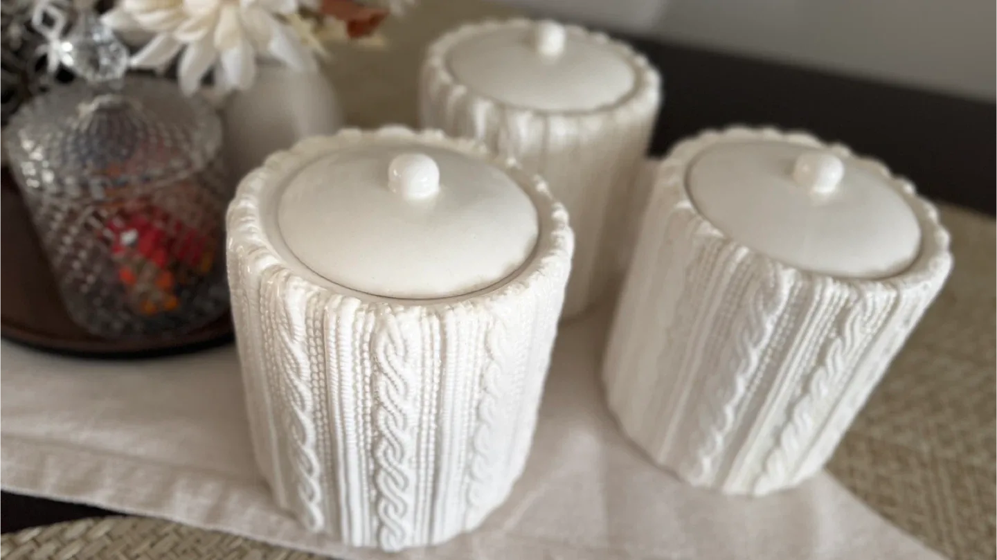 Set of 3 White Ceramic Knit-Style Jars with Lids image indicator(3)