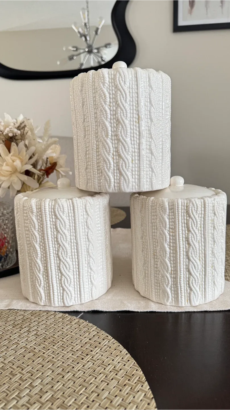 Set of 3 White Ceramic Knit-Style Jars with Lids image indicator(2)