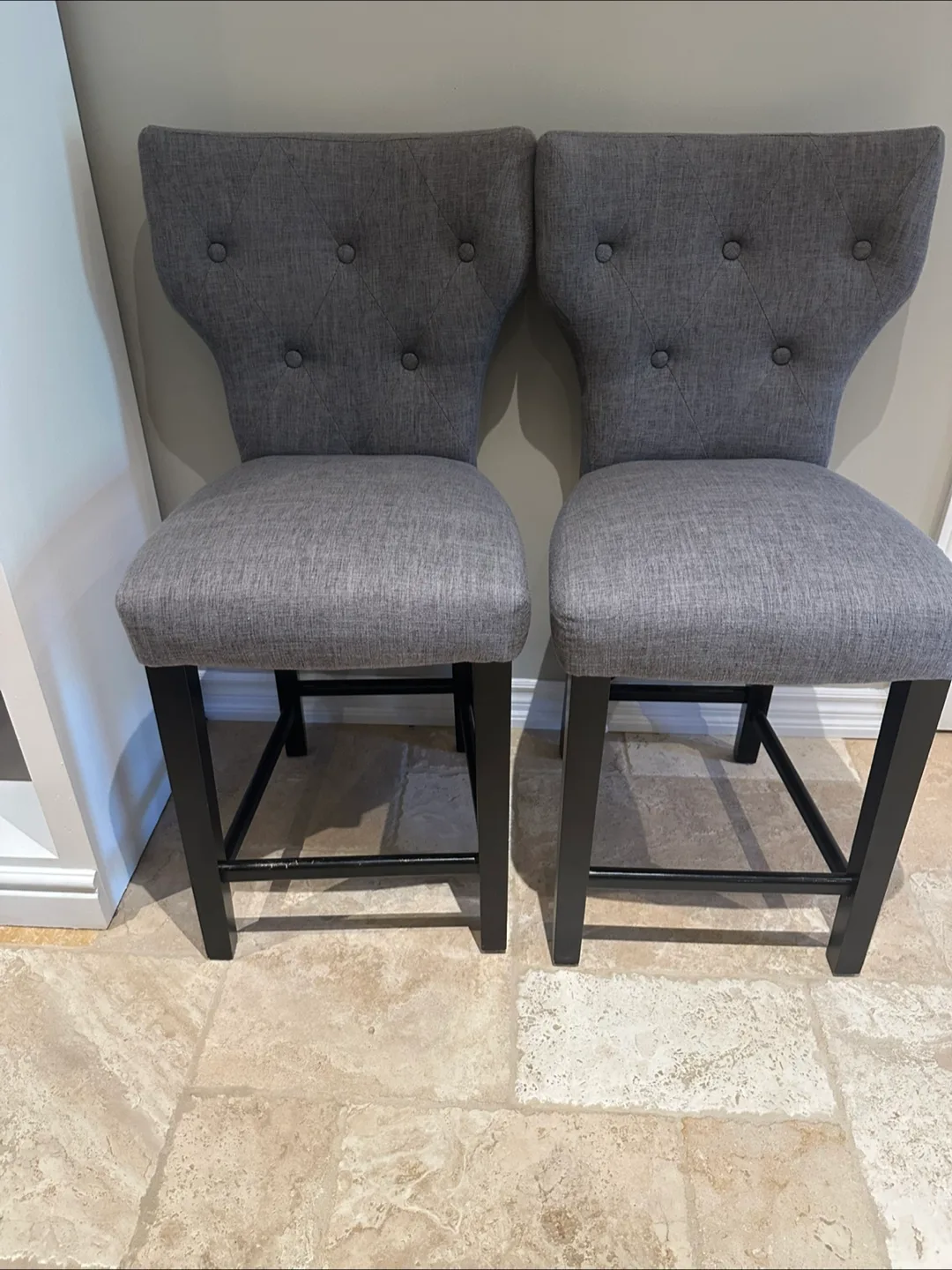 Set of 2 Grey Upholstered Bar Stools