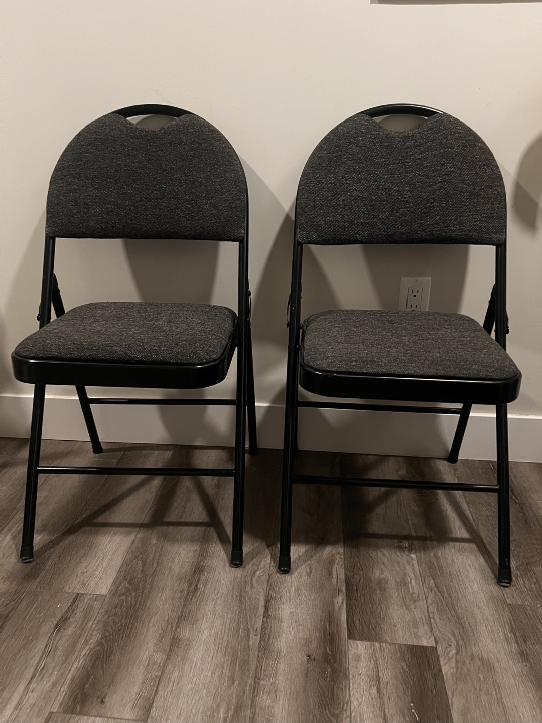 Two (2) Folding Chairs - Black Frame, Grey Fabric