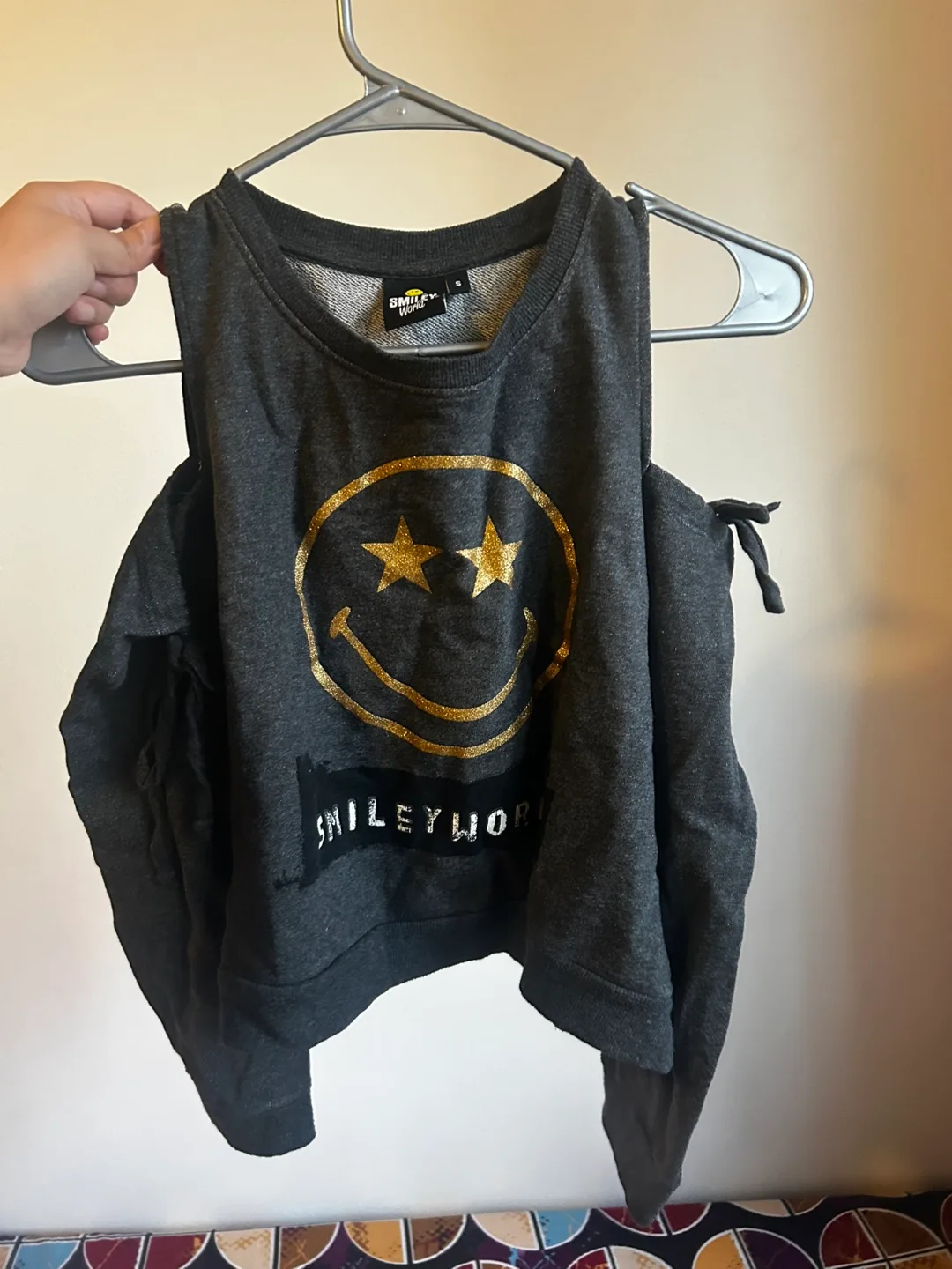 Smiley World Grey Cold Shoulder Cropped Sweater thumbnail