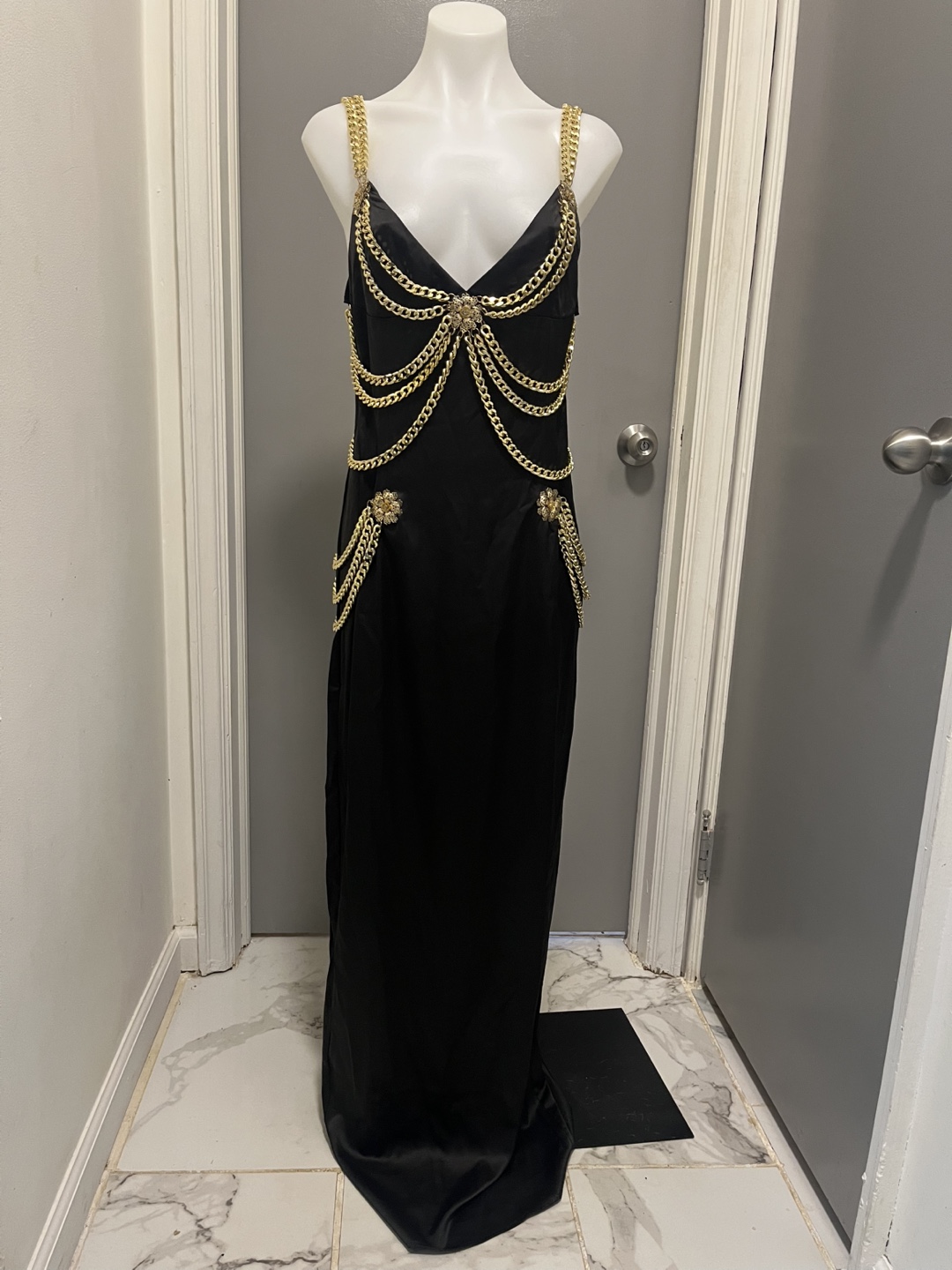 Bella Barnett style Black Dress with Gold Chain Details