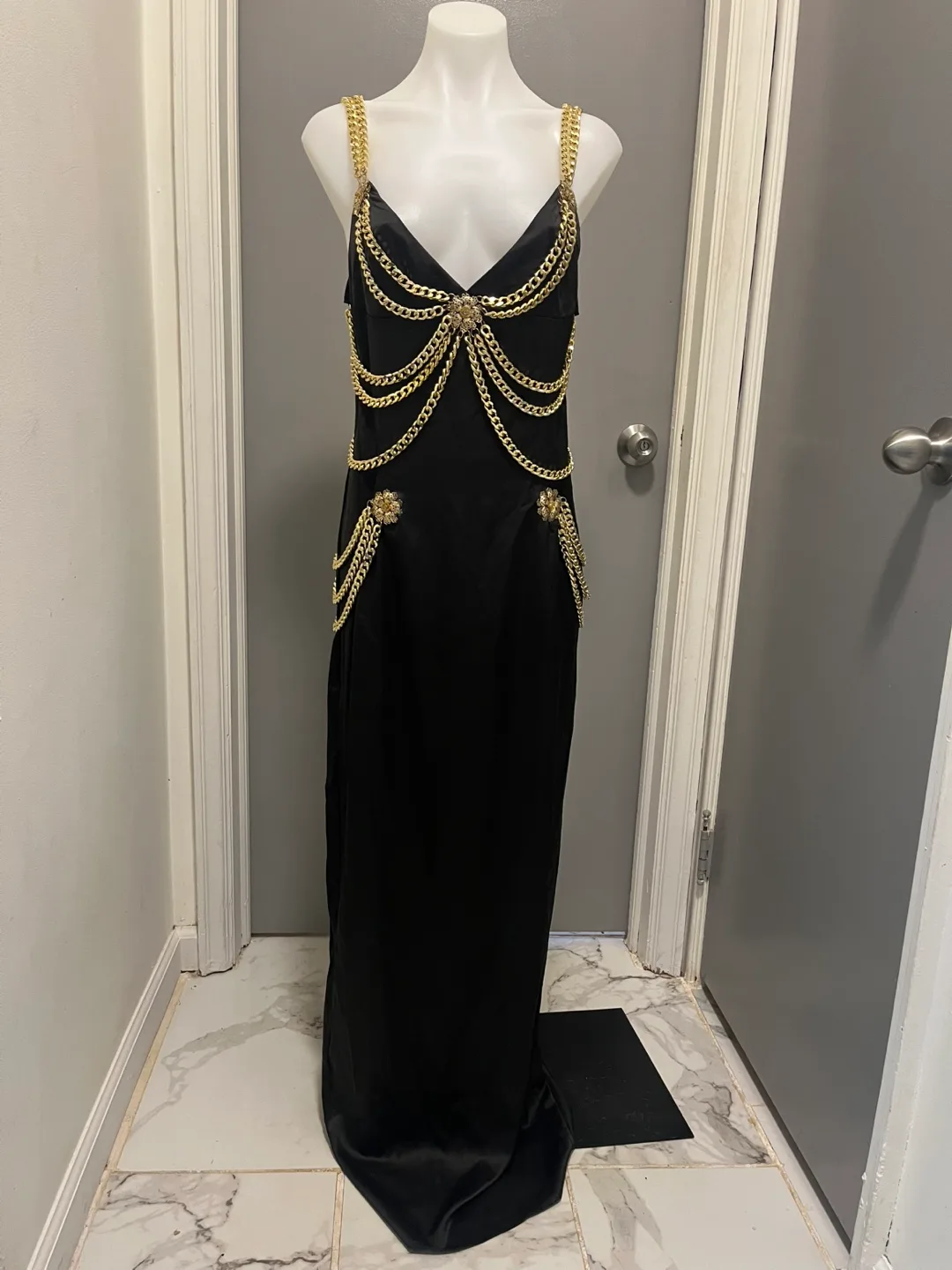 Bella Barnett style Black Dress with Gold Chain Details thumbnail