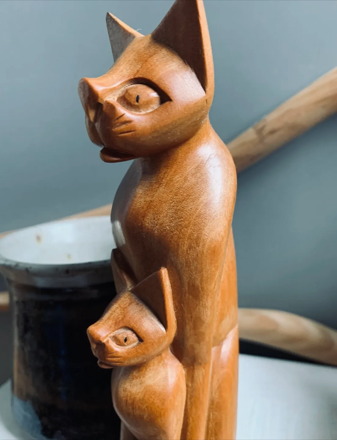 Vintage Wooden Cat and Kitten Figurine thumbnail